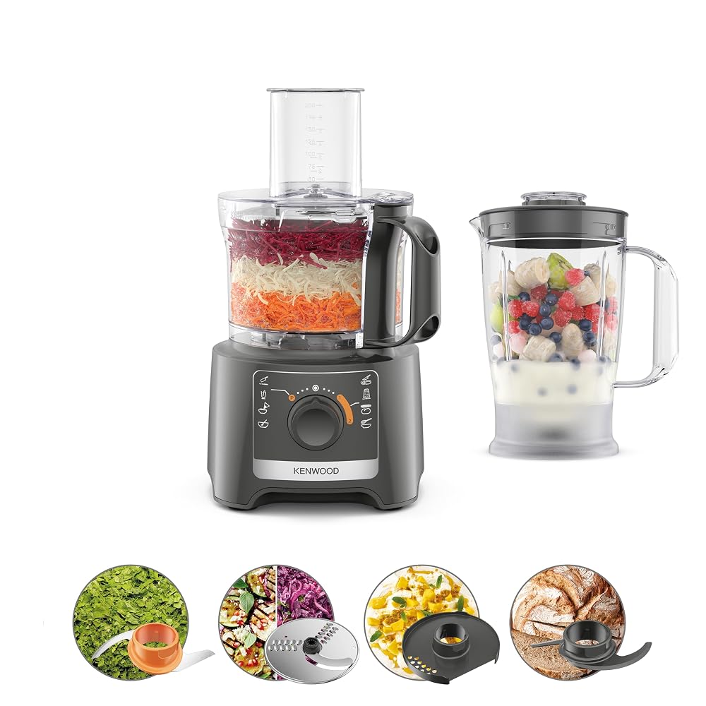 Kenwood MultiPro Compact FDP31.170GY, Food Processor with Blending Blade, Kneading Function and Slicing Disc, 2.1L Bowl, 800W, Grey