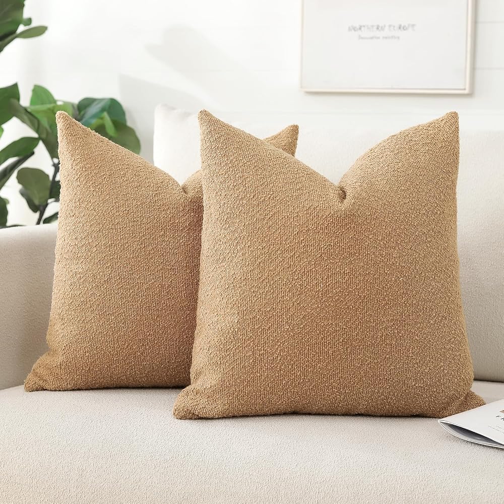 Artscope Pack of 2 Textured Boucle Cushion Covers, Cozy Soft Decorative Couch Pillow Covers for Chair Sofa Bedroom, 60x60cm, Tobacco