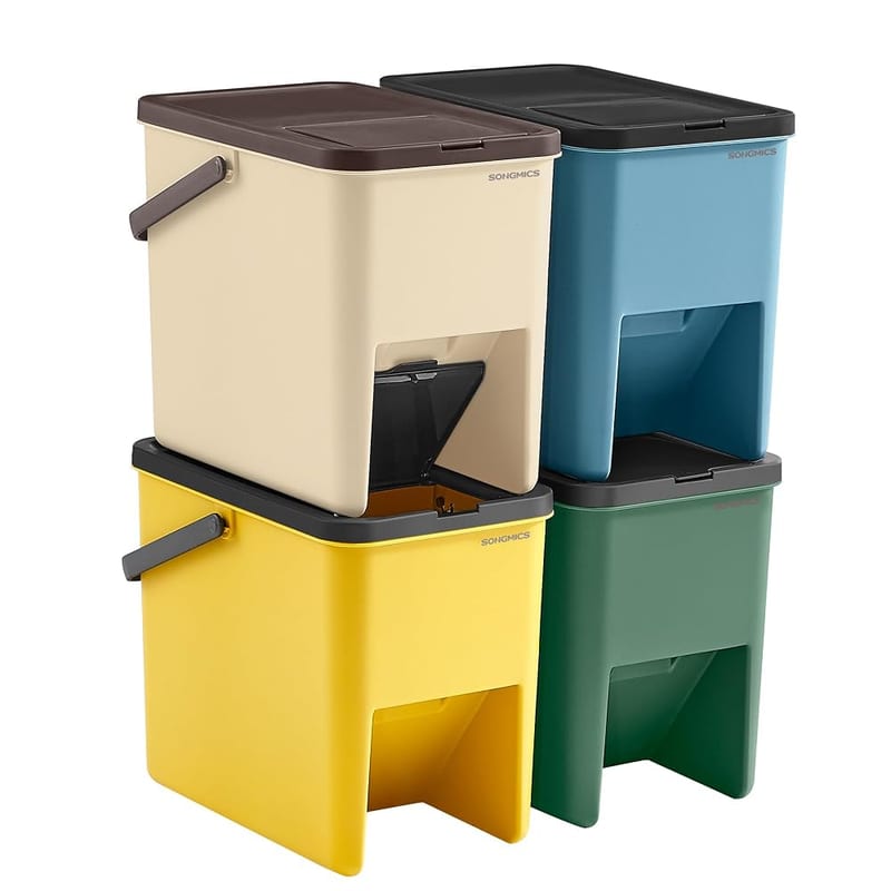 SONGMICS Recycling Bins for Kitchen, Set of 4 Stackable Trash Bins, 20L Each, Waste Separation System, Press-to-Open Lids