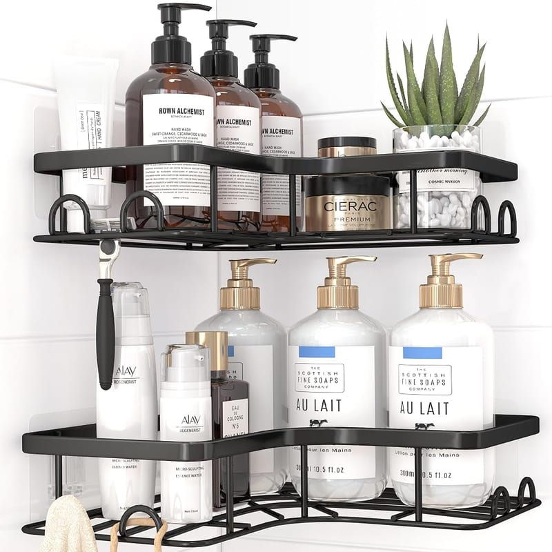 Kitsure Corner Shower Caddy, 2 Pack Rustproof Adhesive Shelf with Hooks and Soap Holder, Black