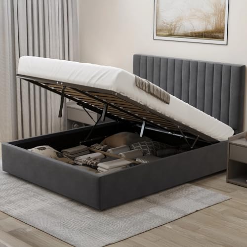 Ottoman Storage Bed, Velvet Double Bed Frame with Wooden Slats