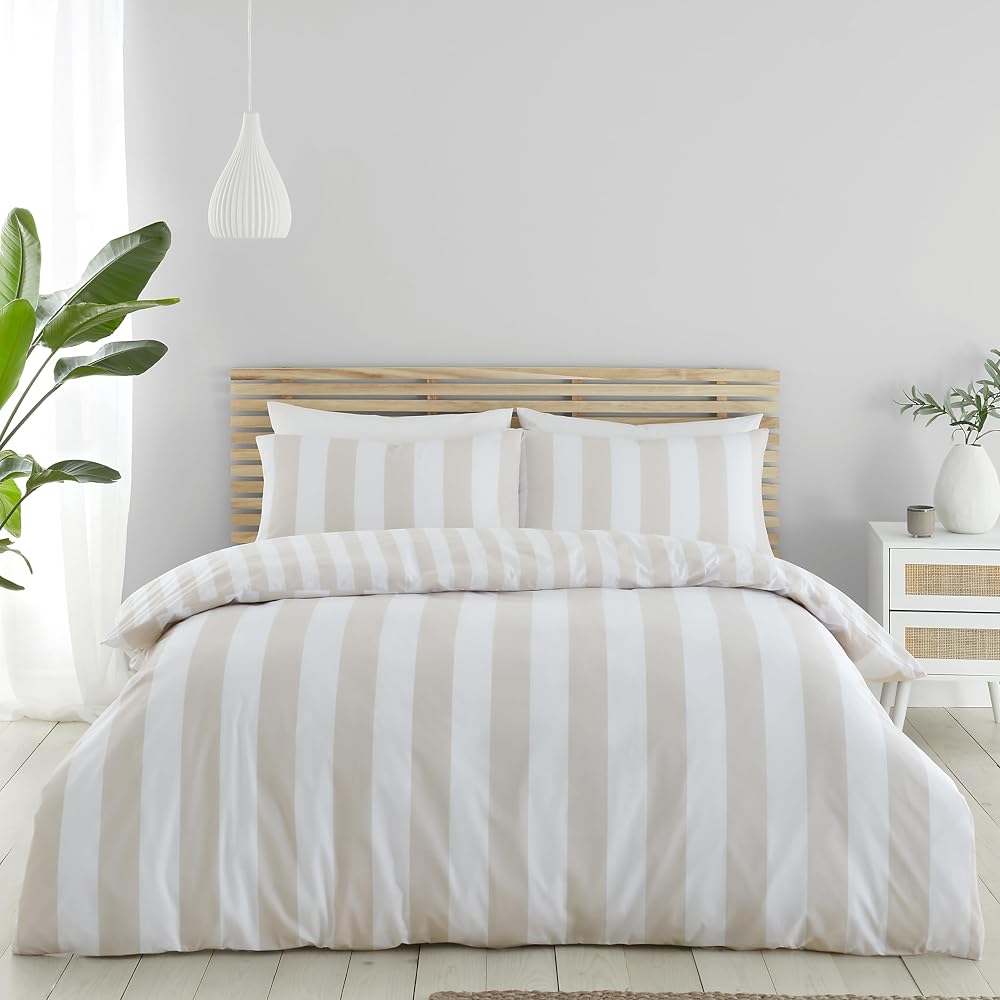 Catherine Lansfield Cove Stripe Reversible Double Duvet Cover Set with Pillowcases, Natural