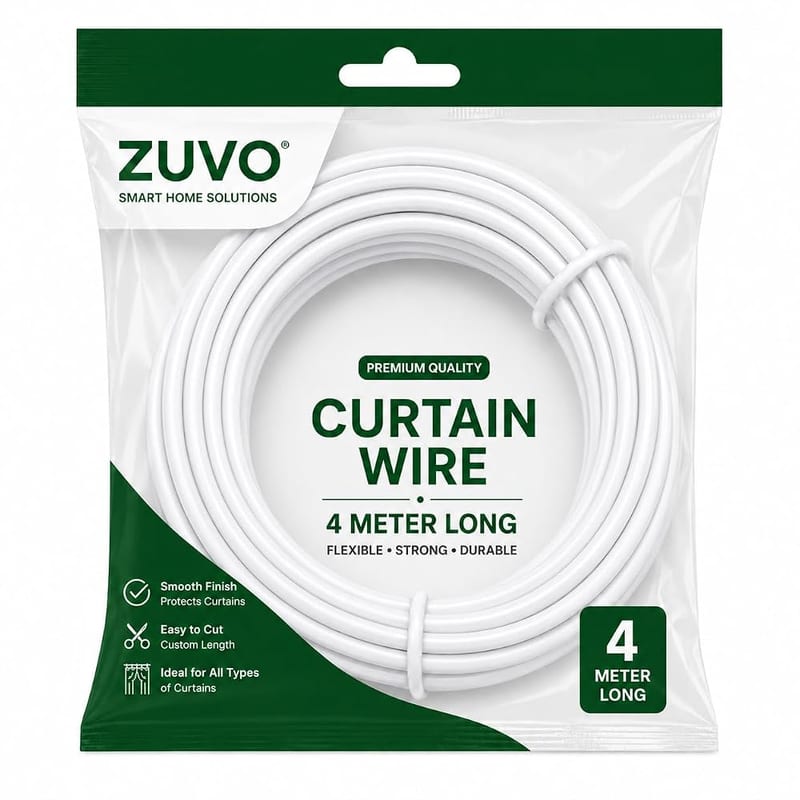 Zuvo Curtain Wire with Hooks and Eyes - Extra Strong 4m Net Curtain Wire with 6 Hooks and Eyes, White