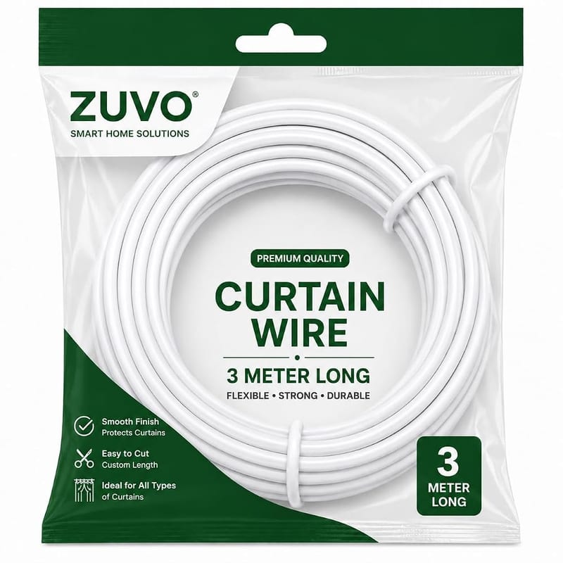 Zuvo Net Curtain Wire with Hooks and Eyes - 3m Extra Strong Curtain Wire with 4 Hooks and Eyes, White
