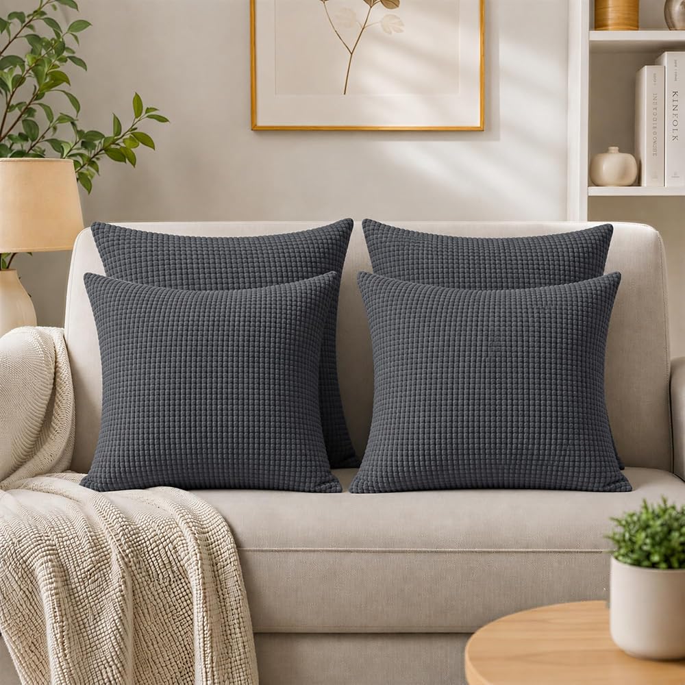 Trimming Shop 210GSM Velvet Cushion Covers, 18" x 18", Dark Grey, 4pcs | Decorative Square Throw Pillow Cases Pillow Shell for Livingroom Sofa Bedroom