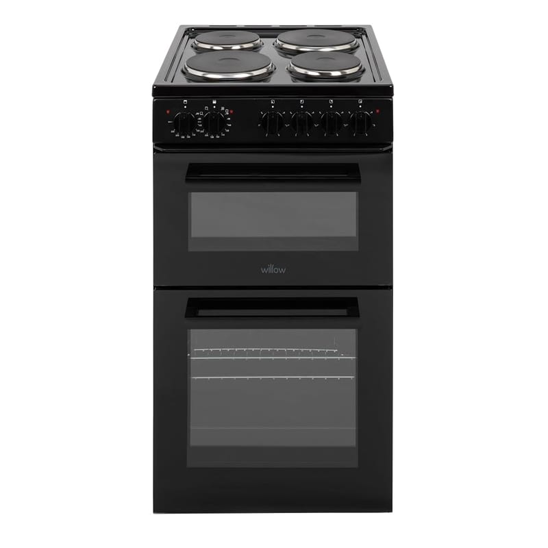 Willow WE50TSB 62L Freestanding Electric Cooker, 50cm Twin Cavity, Solid 4 Plate Hob - Black