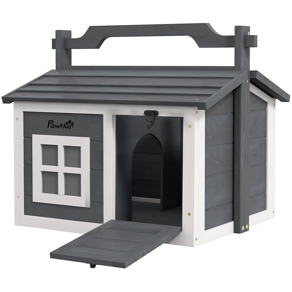 PawHut Rabbit Hutch, Cat House, Guinea Pig Hutch, Portable Wooden Indoor Outdoor with 2 Rooms and Top Handle, Grey