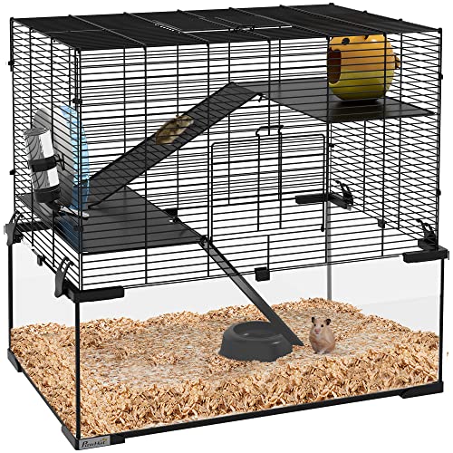 PawHut Large Hamster Cage, Gerbil Cage with Deep Glass Bottom, Tunnels, Ramps, Exercise Wheel