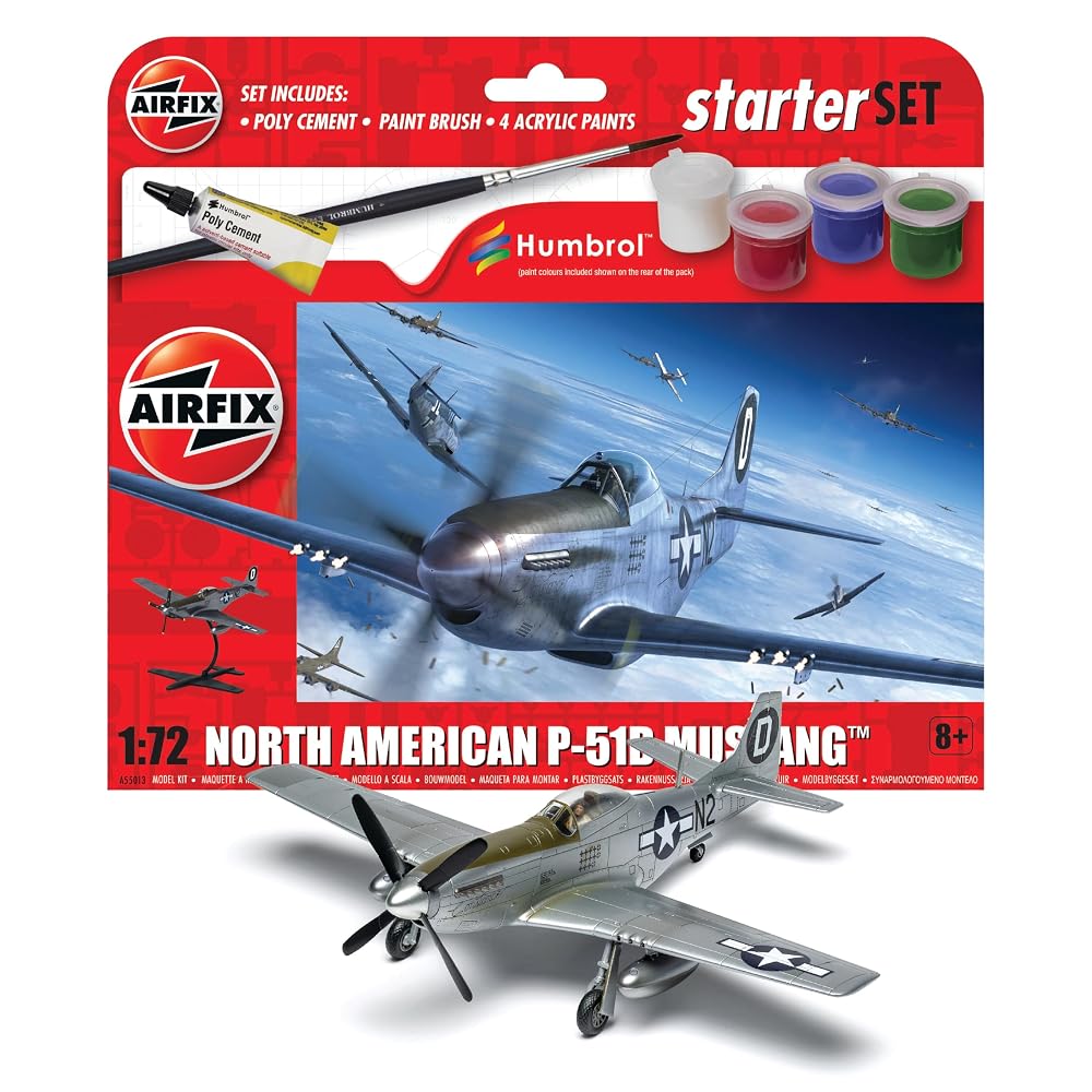 Airfix Starter Set A55013 North American P-51D Mustang Model Building Kit, 1:72 Scale, with Paints, Brush & Glue
