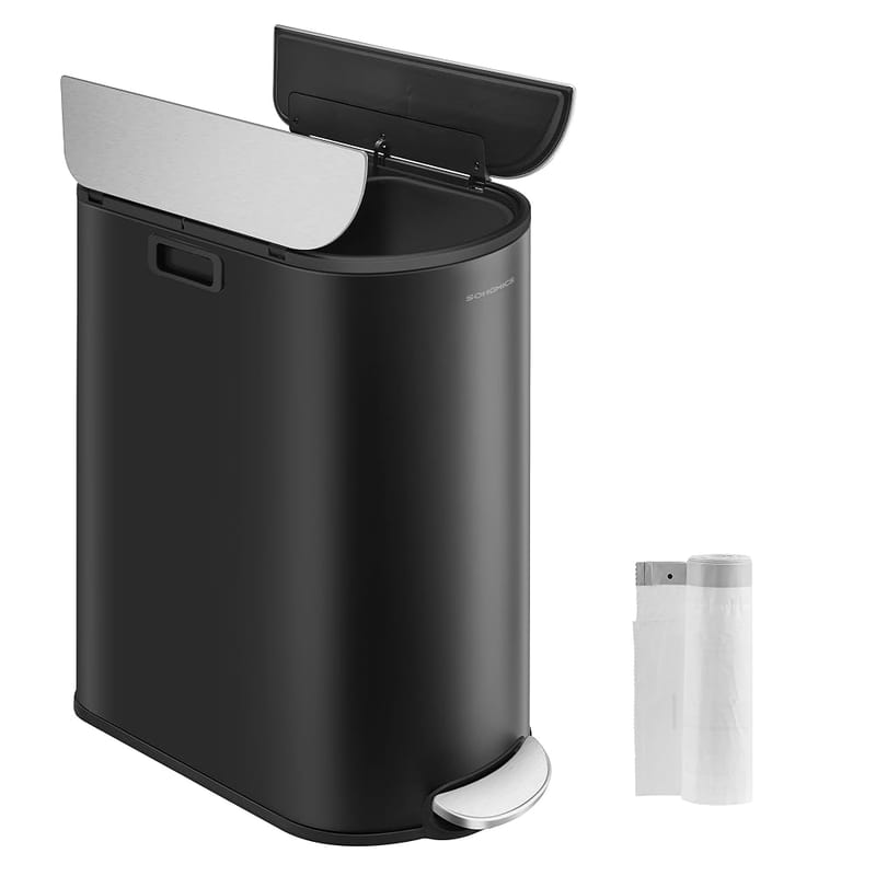 SONGMICS Double Kitchen Bin, 30L and 20L Dual Compartment Slim Bin for Recycling and Waste, Pedal Bin with Wing Lids, Ink Black and Metallic Silver