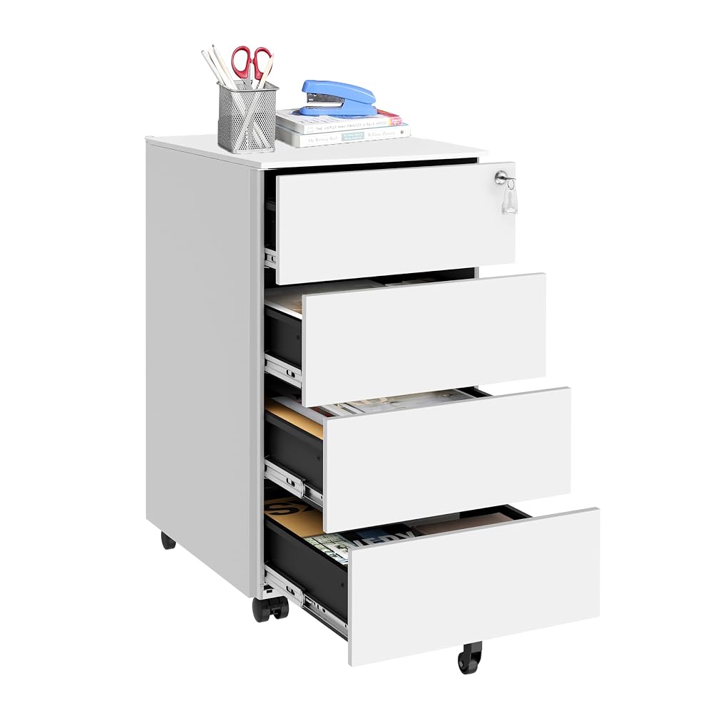 SONGMICS Mobile File Cabinet, Lockable, with 4 Drawers, Hold Documents, Stationery, Pre-Assembled, for Office, Home Office, 39 x 45 x 69.3 cm, Cloud White