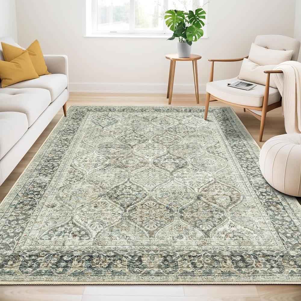 Living Room Rug, Washable Rug, Large Rug 160x230 cm, Green, Vintage Rugs | Soft Low Pile Rugs for Bedroom Classic Carpet for Kitchen Dining Room Anti-Slip Non Shedding