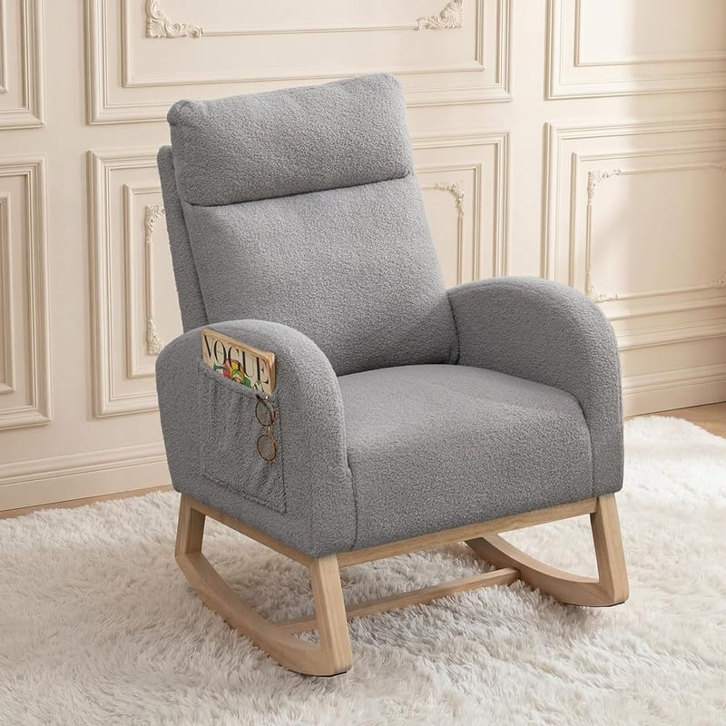 DEKKETO Teddy Nursing Rocking Chair for Nursery with Side Pocket, Grey, High Back, Wide Foam Seat, Wooden Rocking Base
