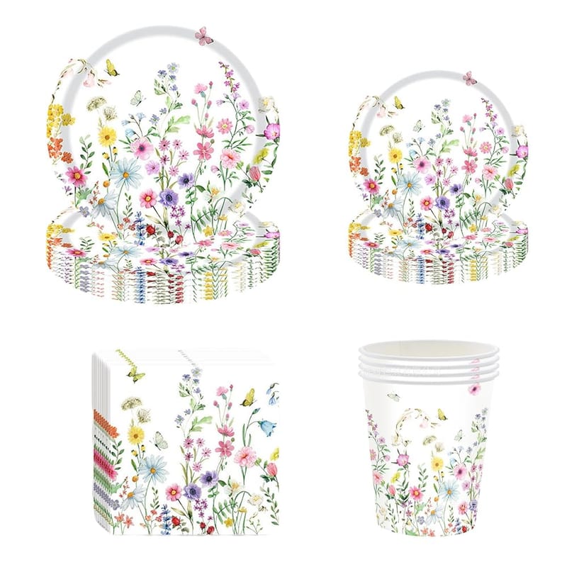 Party Tableware Set, 68 Pcs Flower Party Plates Cups and Napkins Birthday Paper Plates Napkins Cups Set for Spring Picnic Wedding Party Supplies