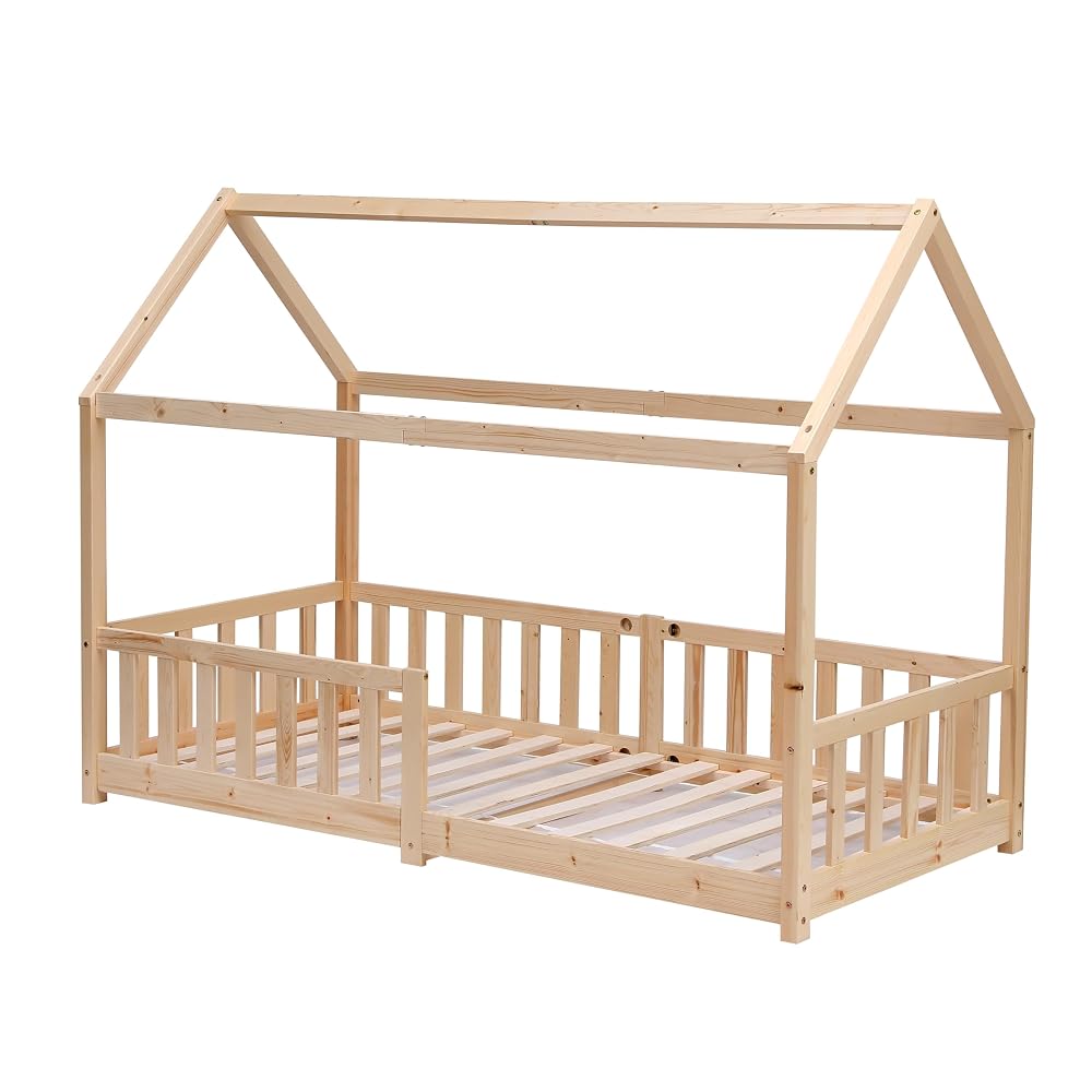 CFDZ Kids Single Bed Frame - Natural House-Shaped Bed with Fence, Mattress Size 90x190cm