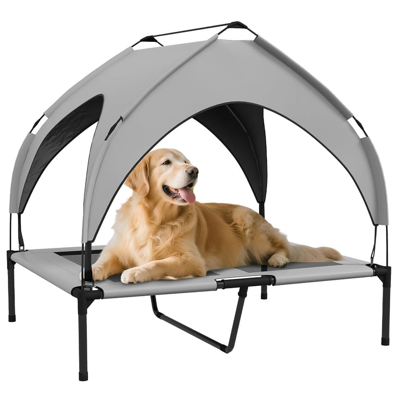 PawHut Cooling Raised Dog Bed with Breathable Mesh, UV-Resistant Canopy, for Medium & Large Dogs, Light Grey