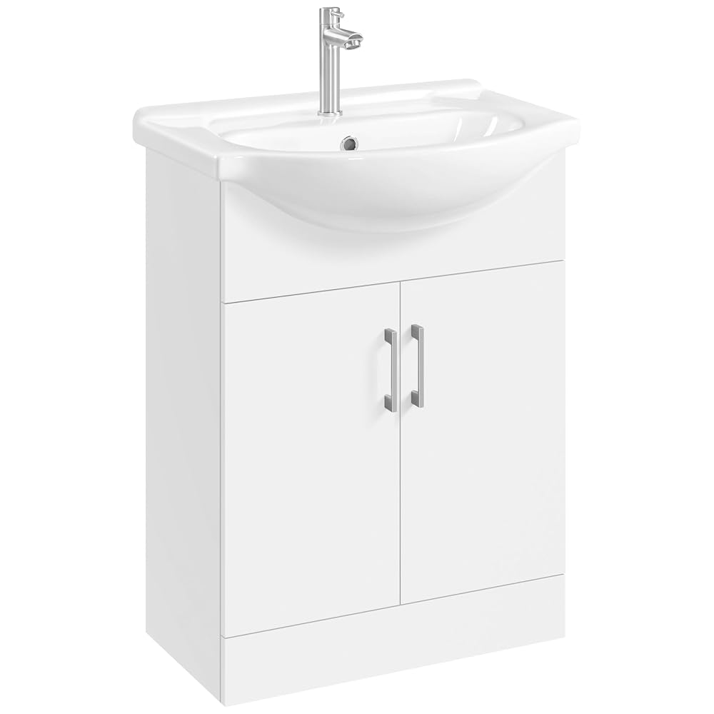 Yaheetech Bathroom Vanity Unit with Ceramic Sink, Floor Standing, 2 Doors, White