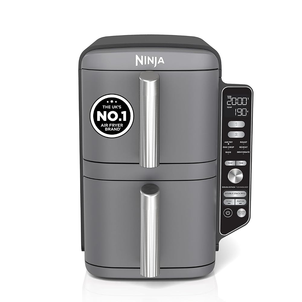Ninja Double Stack XL Air Fryer, Vertical Dual Drawer AirFryer, 9.5L Capacity, 6 Cooking Functions, 8 Portions, Grey (SL400UK)