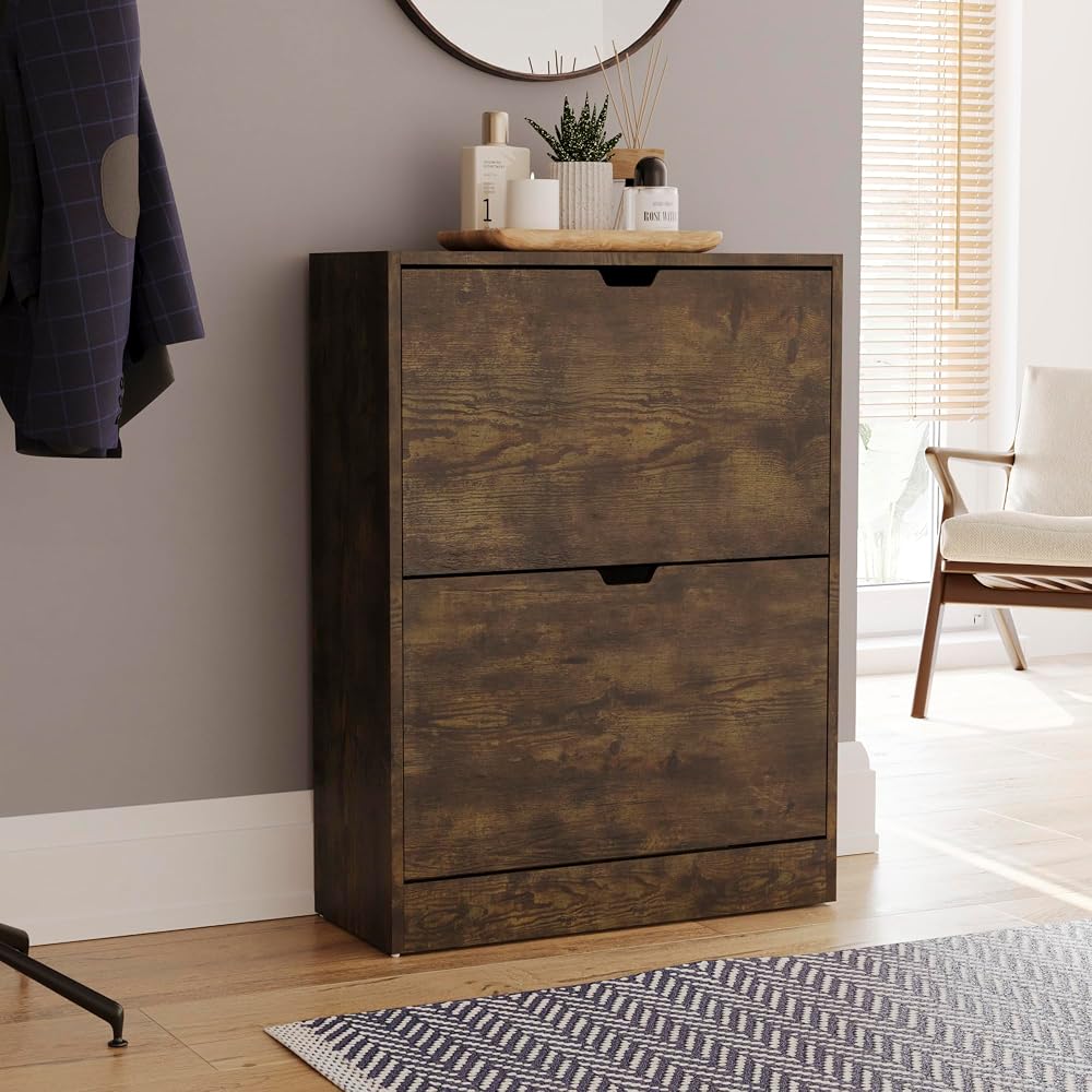 Vida Designs 2 Drawer Shoe Cabinet, Space Saving Slim Shoe Storage Cupboard with 2 Flip Drawers, Dark Wood