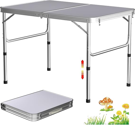 Lucn 3ft Folding Camping Table, Portable Foldable Pop-Up Picnic Tables for Outdoor Indoor Garden, Balcony Market Kitchen Work Table, 2 Height 67/37cm, Table Top Size: 90x60cm