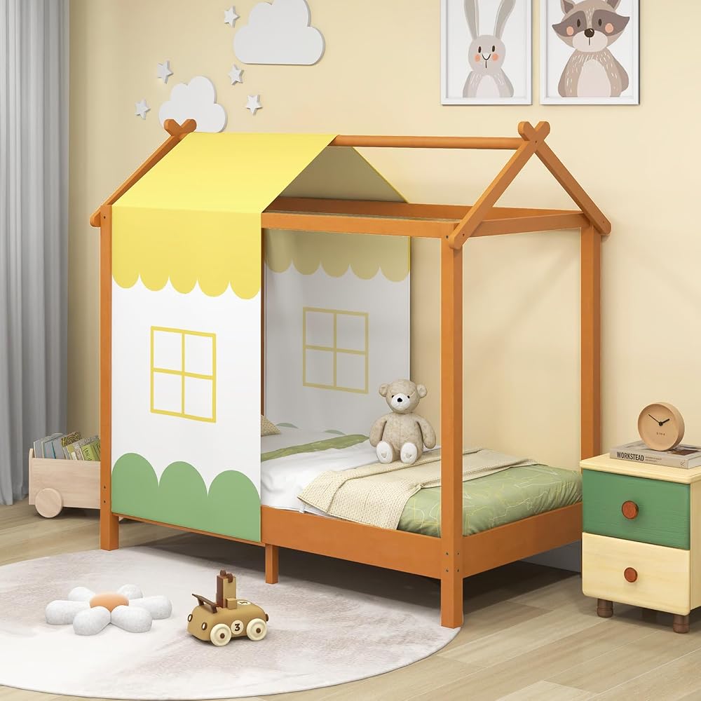 GYMAX Wooden Kids Bed Frame, Toddler Single Bed with Detachable Canopy, 12 Solid Wood Slats, Montessori Floor Bed for Boys Girls