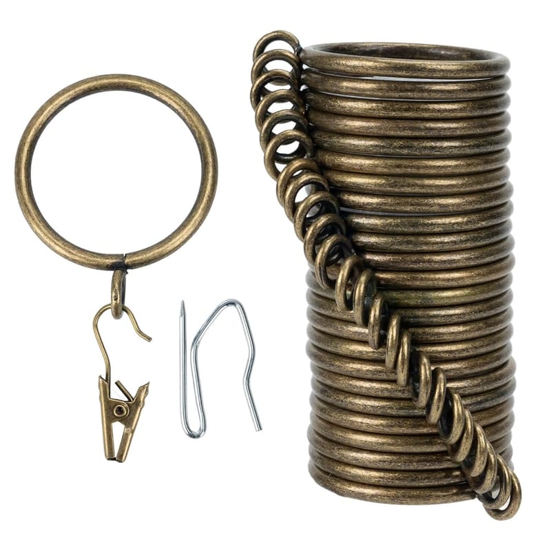 Curtain Rings and Hooks Clip, 38mm Inside Diameter, Complete Set with Curtain Pole Rings, Hooks and Clips, Pack of 24 (Bronze) - TXZWJZ