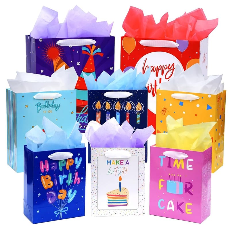 8 Pack Birthday Gift Bags, Assorted Sizes with Ribbon Handle and Tissue Paper, Reusable Birthday Present Wrapping