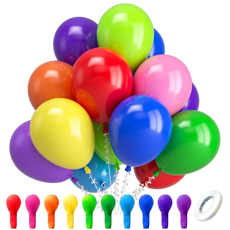 Kelfara Assorted Rainbow Latex Balloons 100 Pack, 12 Inch Party Balloons in 10 Colours for Birthdays and Celebrations