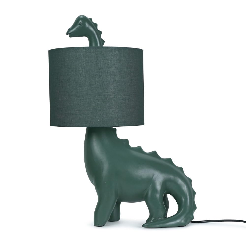 Kids Green Dinosaur Bedside Table Lamp with Drum Fabric Shade, Children's Bedroom Dino Light
