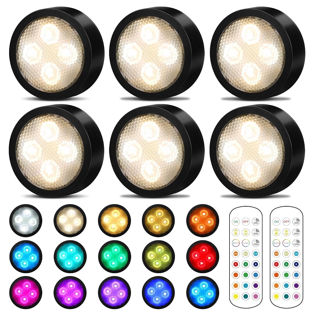 Onumii Under Cupboard Kitchen Lights, Battery Operated LED Under Cabinet Lights, Colour Changing Puck Lights (6 Pack)