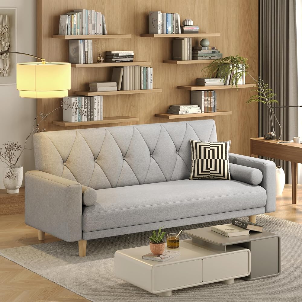 Yaheetech Convertible Sofa Bed Fabric Click Clack Sleeper Sofa with 2 Bolster Pillows, Light Grey