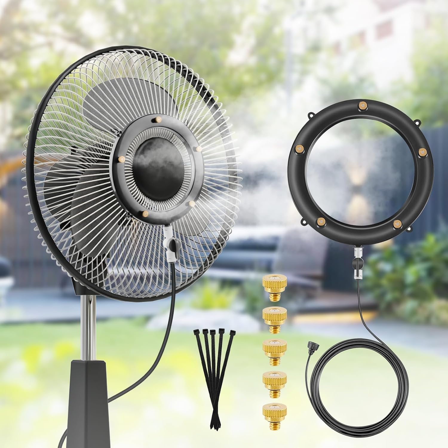 Fan Misting Kit, Fan Misters for Cooling Outdoor, Integrated Mister Ring for Outside with Water Valve