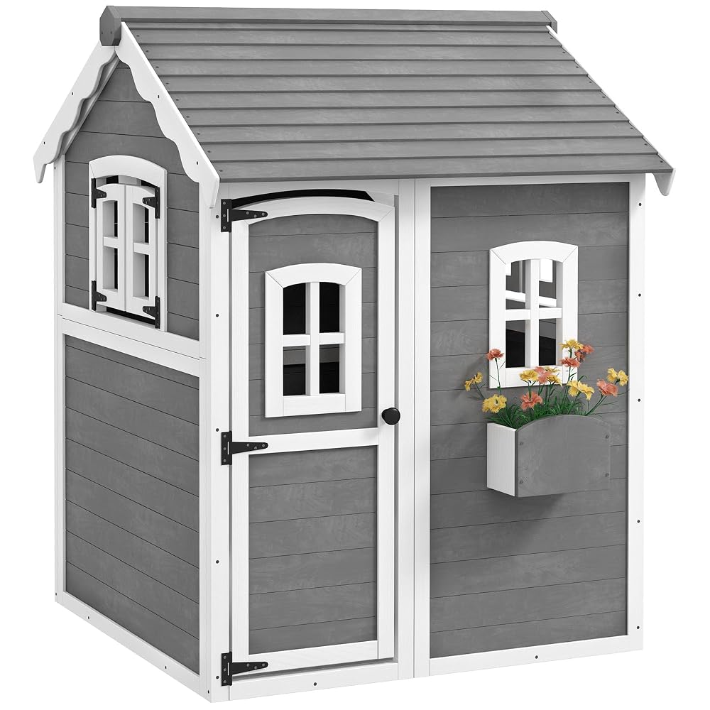 Outsunny Wooden Playhouse, Kids Wendy House, Outdoor Indoor with Doors, Windows, Plant Box, Floors, for 3-8 Years, for Garden, Lawn, Patio - Grey