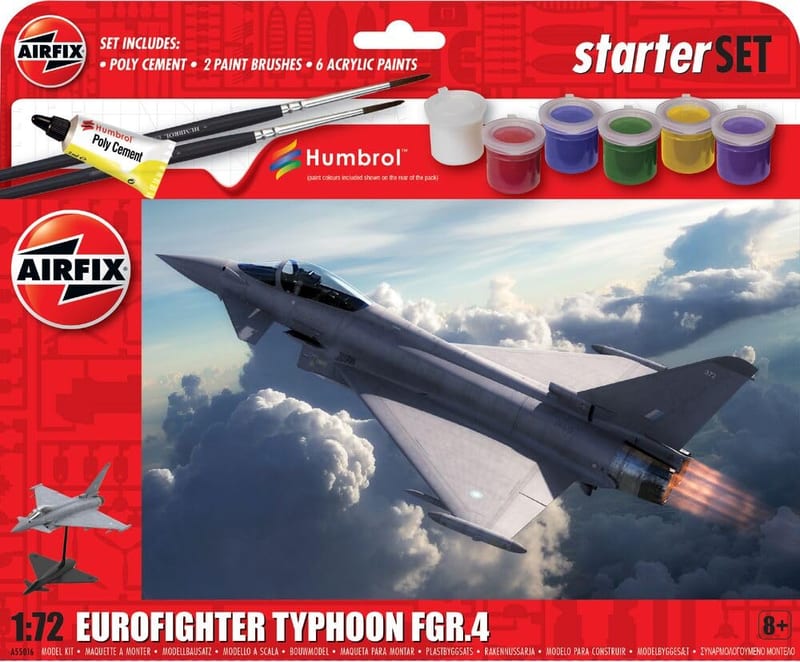 Airfix Starter Set A55016 Eurofighter Typhoon FGR.4 Model Building Kit with Paints, Brushes & Poly Cement, 1:72 Scale