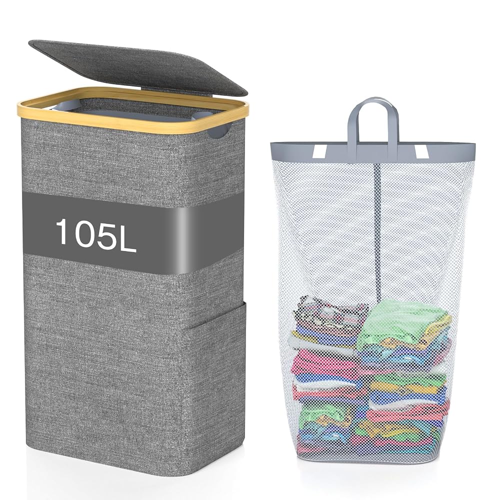 GLOWPOINT 105L Laundry Basket with Lid, Large Foldable Washing Basket with Removable Inner Bag, Water-Resistant Oxford Laundry Hamper, Laundry Bin for Bedroom, Bathroom, Laundry Room, Grey