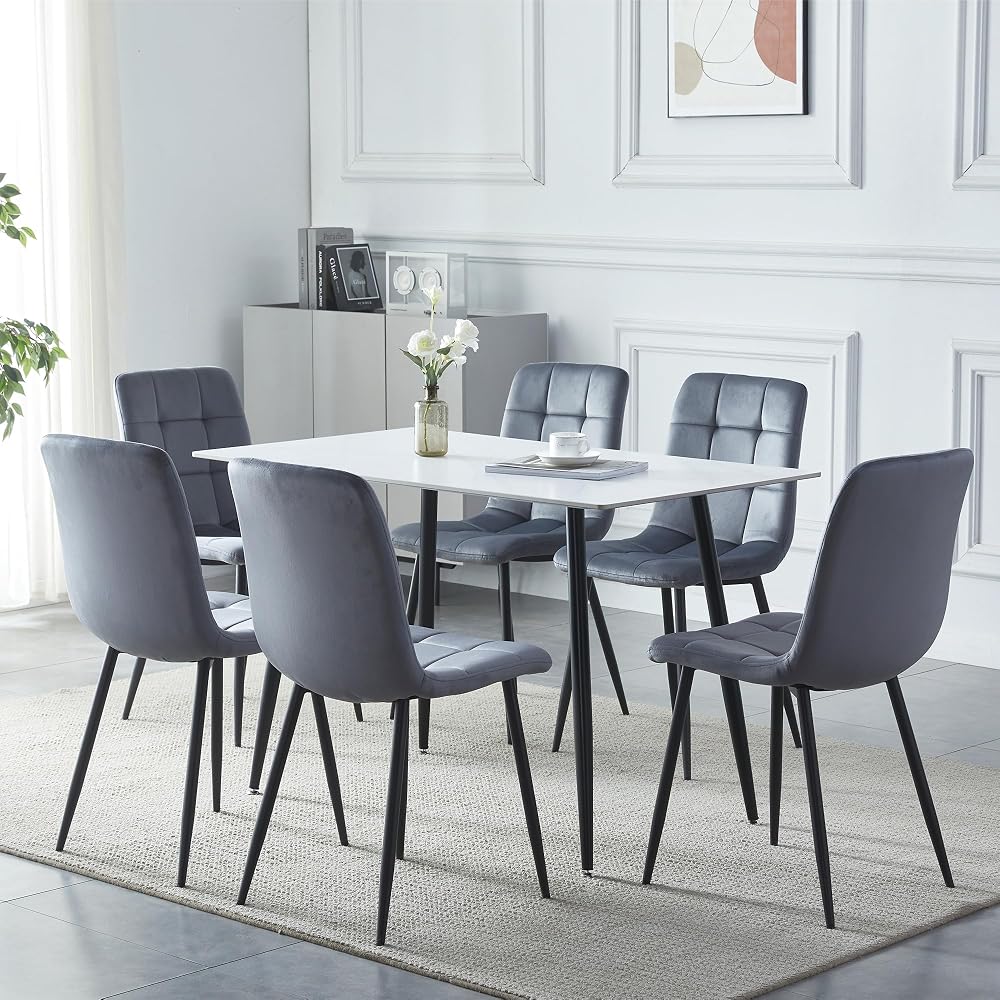 HomJoy Dining Table and Chairs Set of 6, Faux Marble Top with Velvet Chairs