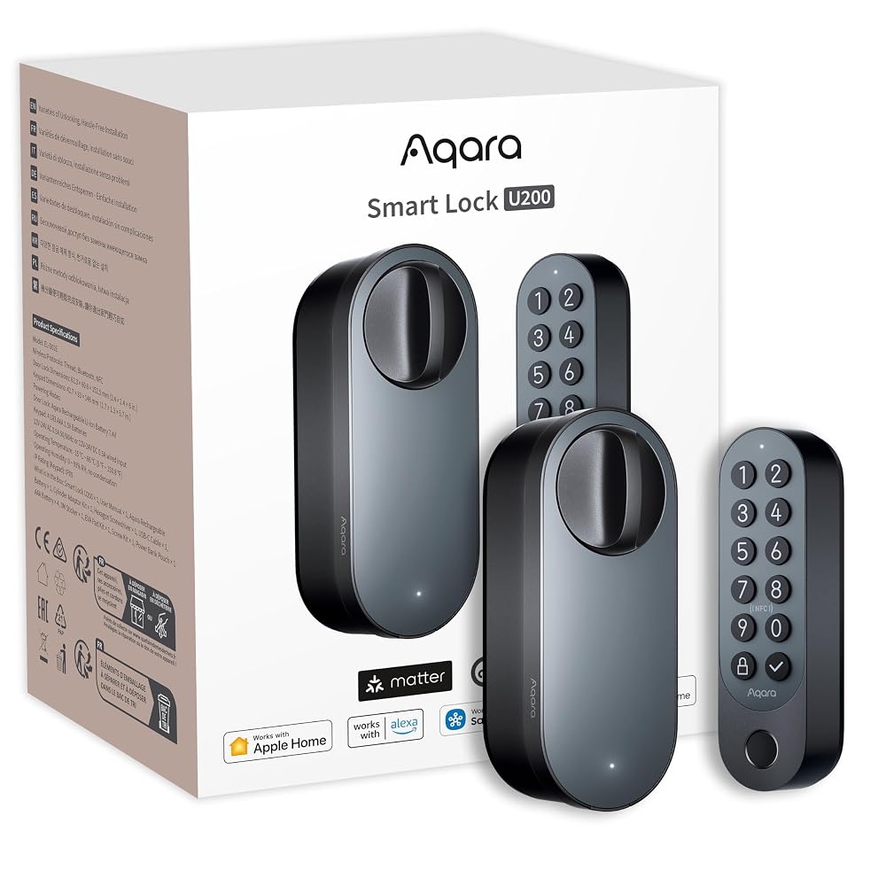 Aqara Smart Lock U200 (Fingerprint Keypad Included), Matter over Thread, Smart Door Lock with Apple Home Key and Rechargeable Battery, Black