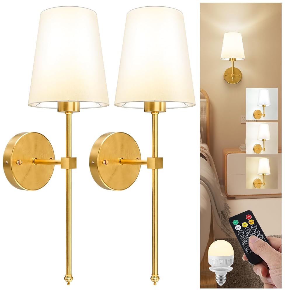 LGMCF Battery Operated Wall Sconce Set of 2, Rechargeable Wall Lights with 5000mAh Dimmable Detachable Charging Bulbs and Remote, 3 Colour Temperature