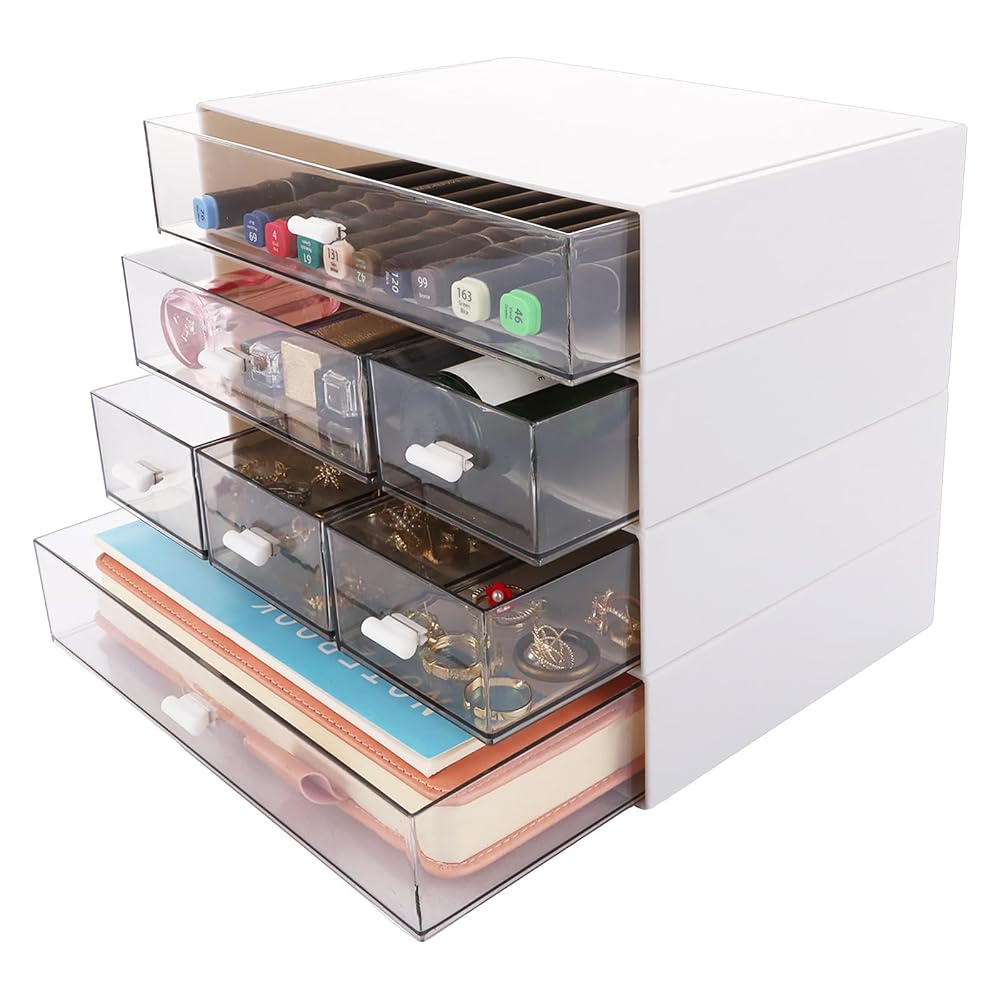 ASelected Desktop Organiser 7 Drawers Stackable Desk Storage Box, Small Plastic Storage Unit With Drawers For Home, Makeup, Office Supplies, White