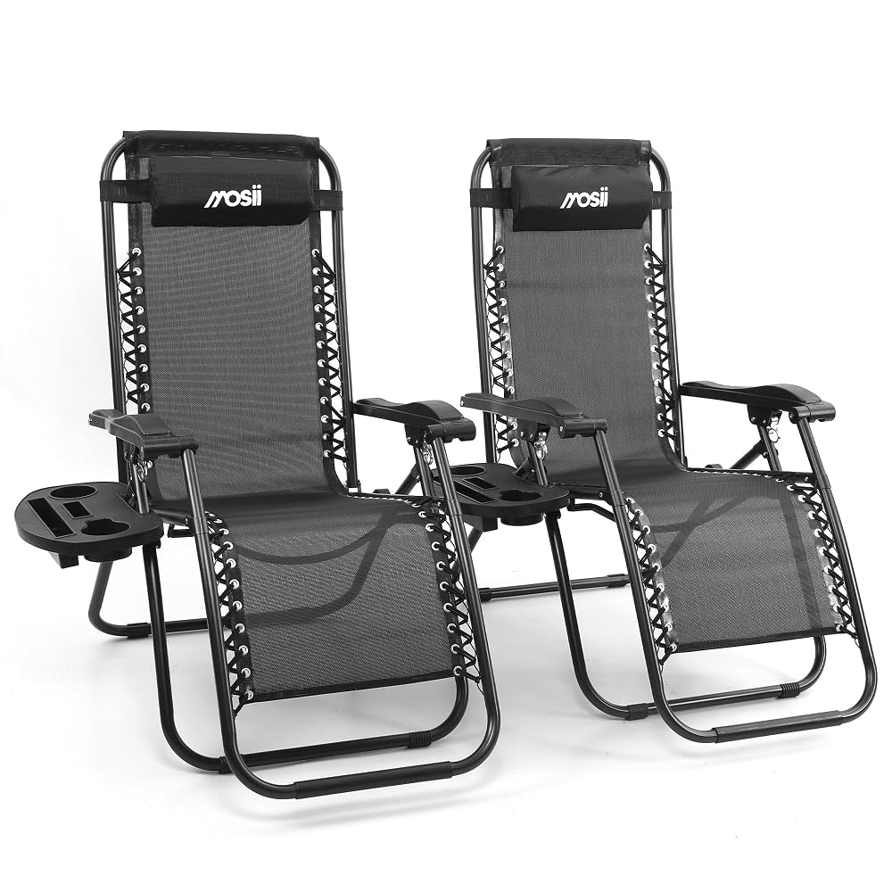 Mosii Sun Loungers for Garden Chairs Set of 2, Zero Gravity Folding Recliners with Cup Holders and Headrest