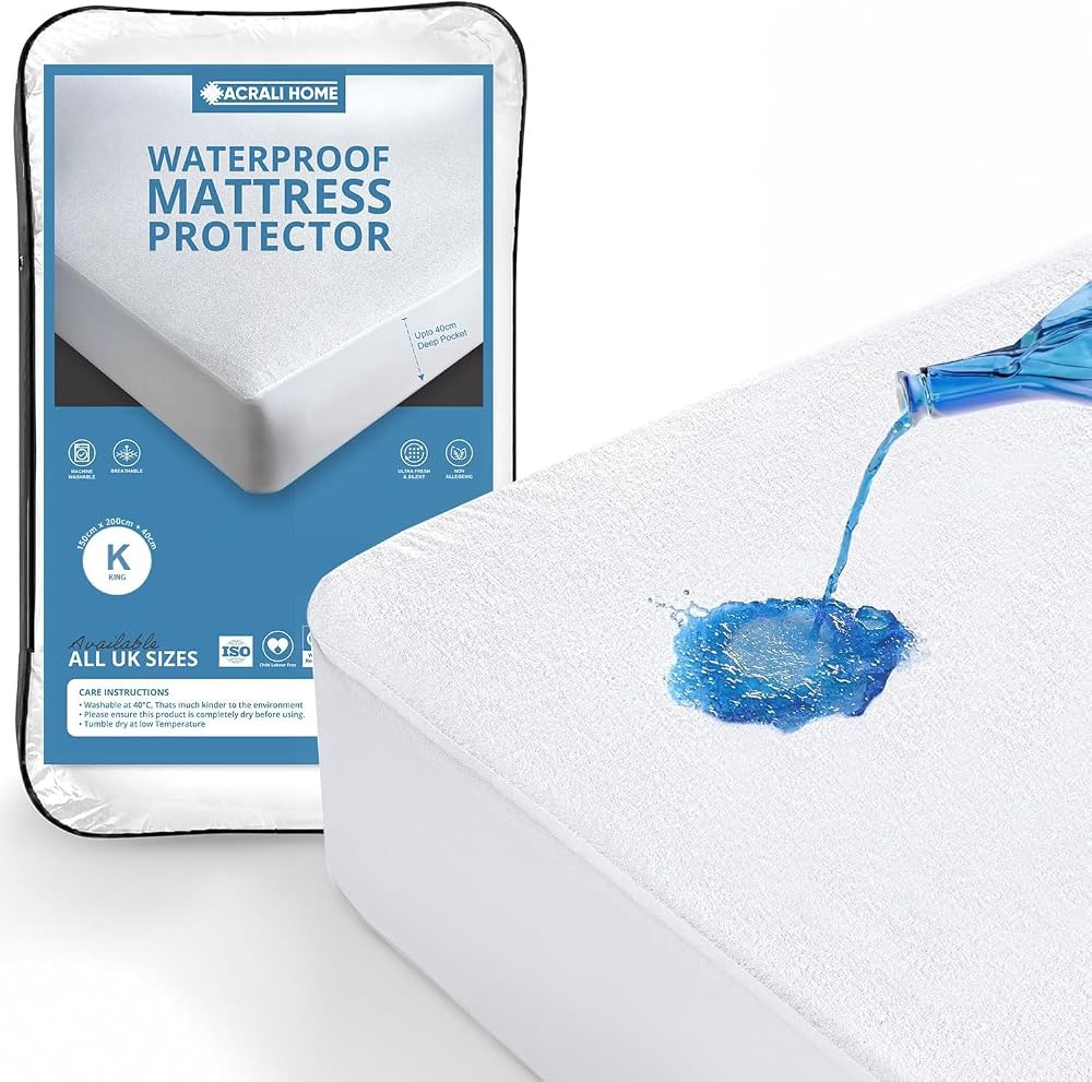 Acrali Home 100% Waterproof Mattress Protector King Size, Extra Deep 40cm Skirt, Premium Terry Cotton, Hypoallergenic, Washable