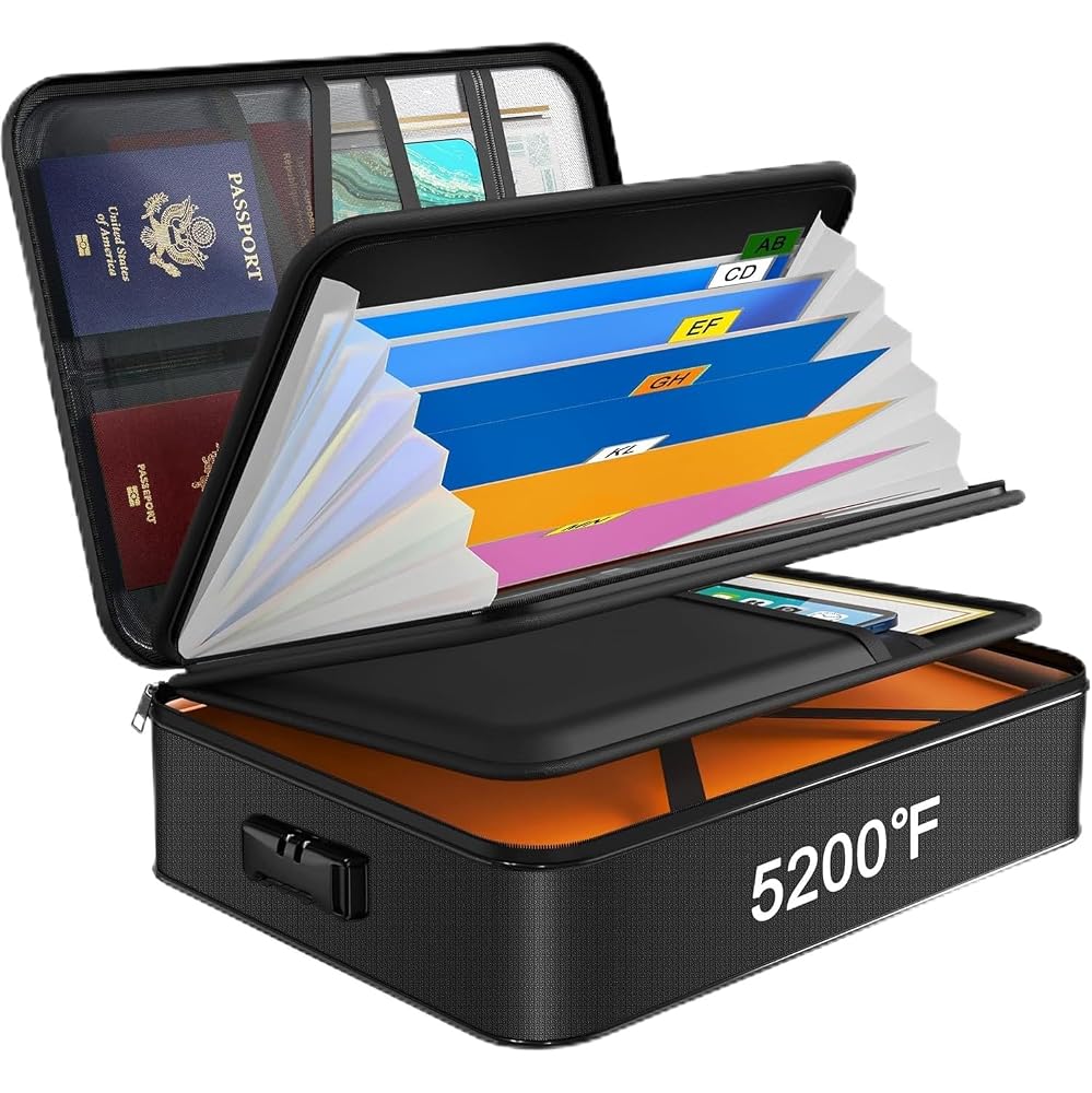 JUNDUN Fireproof Document Box with Lock, Fire and Water Resistant Safe Box for Important Documents, Money, Certificates
