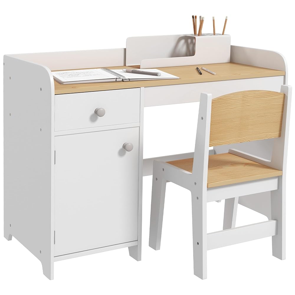 ZONEKIZ Kids Desk and Chair Set for 3-6 Years with Storage Drawer, White