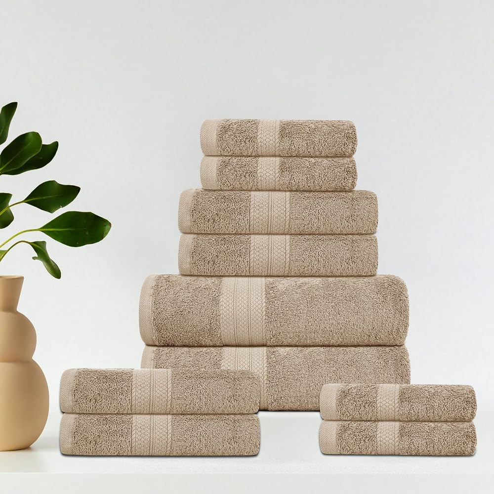 100% Cotton 10 Piece Towel Bale Set - 2 Bath Towels, 2 Hand Towels, 2 Finger Towels and 4 Wash Towels, Hotel Quality Super Soft and Highly Absorbent, Beige
