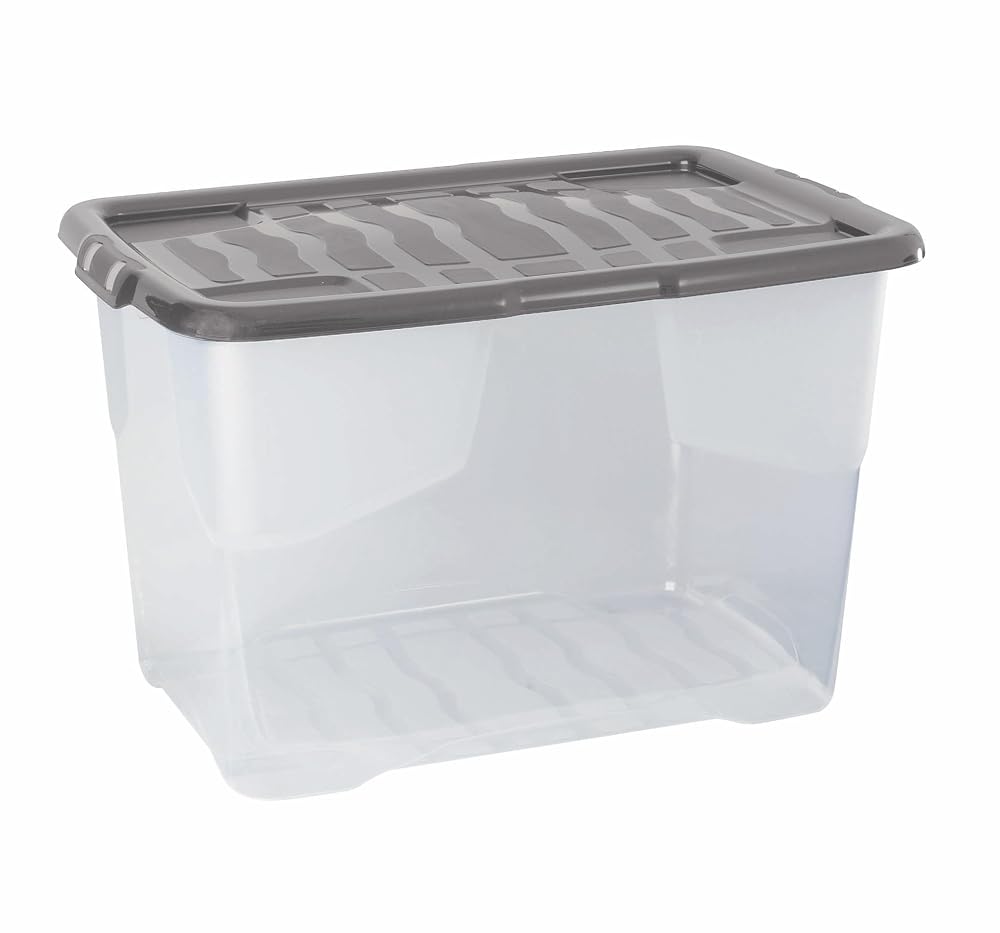 Strata 5 x 65 Litres Curve Plastic Stackable Storage Box & Lid, Clear/Grey Lid
