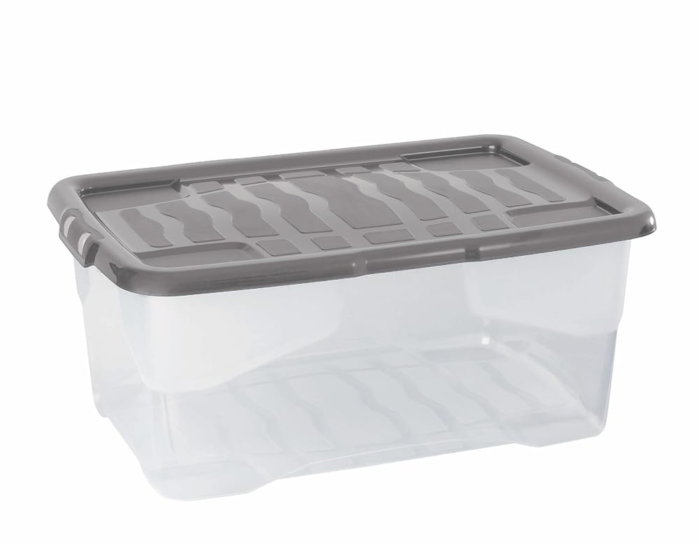 Strata 3 x 42 Litres Curve Plastic Stackable Storage Box & Lid, Clear/Grey Lid