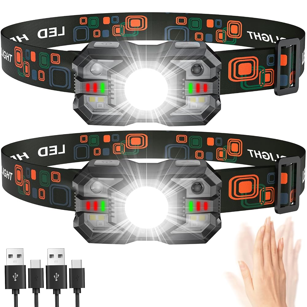 LED Head Torch Rechargeable, 2 Pack Super Bright 2000LM Headlamp with Motion Sensor