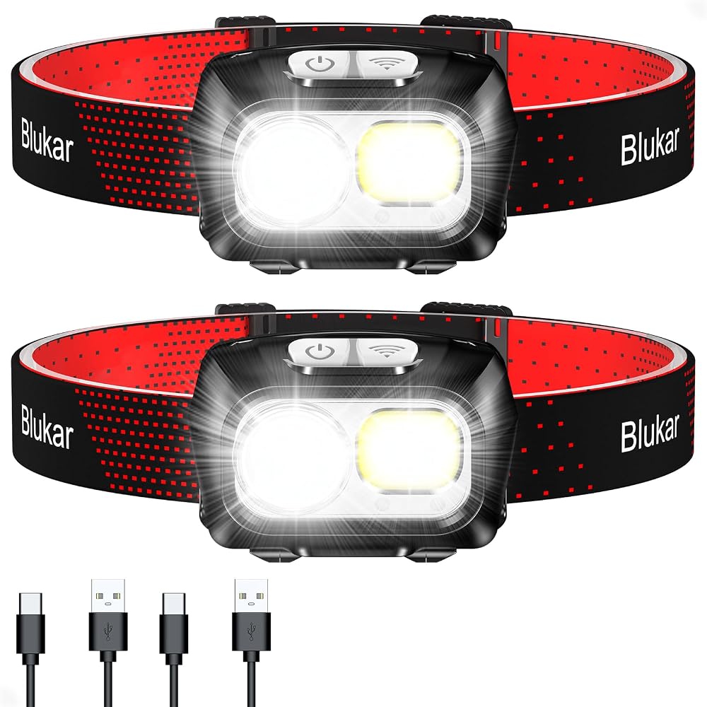Blukar Head Torch Rechargeable, 2 Pack 2000L Super Bright Headlamp-8 Modes | Spotlight Floodlight Combination, Sensor Control& Red Lights, Waterproof, Long Battery Life Headlight for Running,Camping