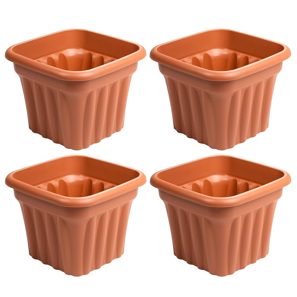 M1SS Set of 4, 40cm Traditional Terracotta-Style Square Planters, Weather Resistant Plastic