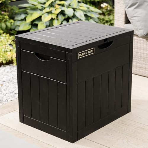 Olsen & Smith 126L Lockable Outdoor Garden Plastic Storage Box Container Chest - Small Lawn Balcony Furniture, Weather Resistant, Wood Panel Effect (Black)